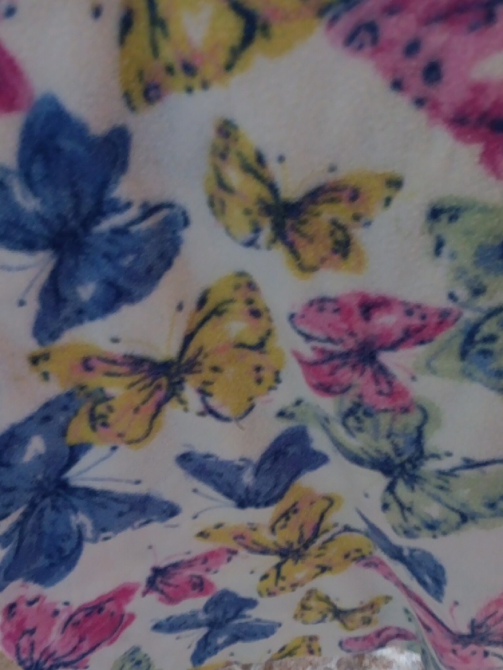 Butterfly Print Top - Blue, Yellow, Pink, Green on White Blanket